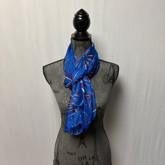 Patriotic Blue Fireworks Print Scarf 4th Of July Fashion Accessory - Picture 2 of 8